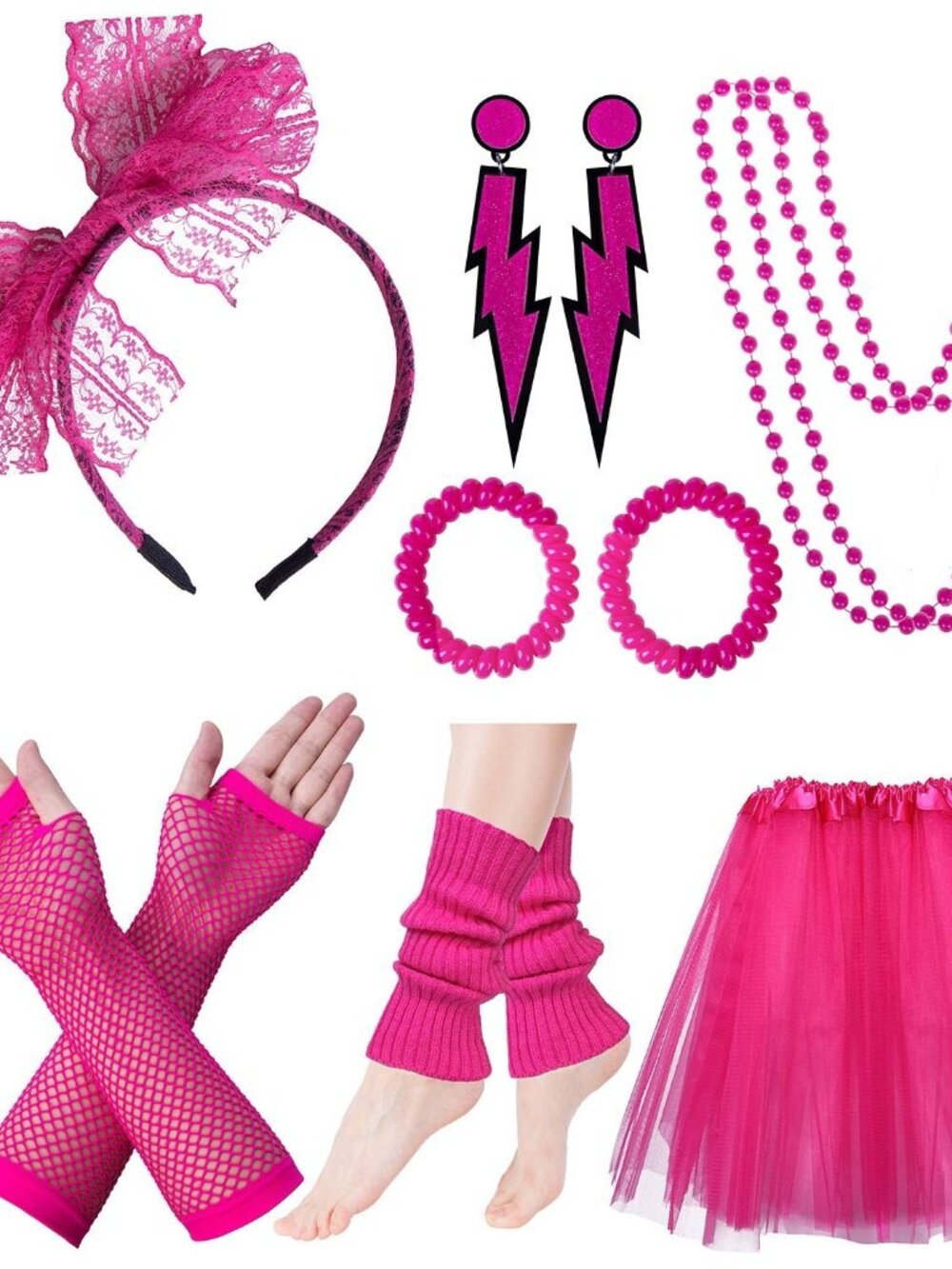 Womens PINK  80s Tutu 9pcs Accessories Set themed party costume NEW IN BOX